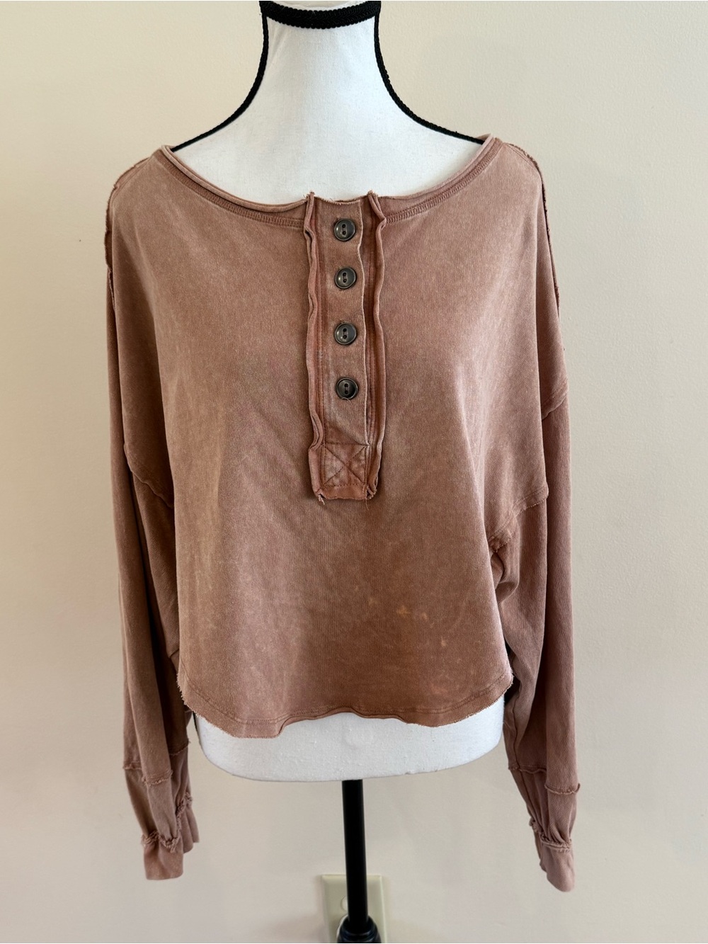 We The Free Cropped Button Henley Top - Brown size small